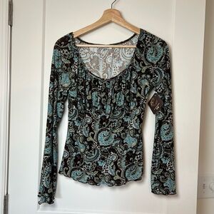 Self Esteem Brown, Light Blue & Green Paisley Boho Shirt 90s/Y2K Stretch Top 🦋🤎